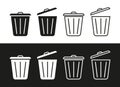 Bin trash icons. Bin garbage icons. Dustbins isolated on black and white background. Line symbols for waste. Logo of rubbish. Flat Royalty Free Stock Photo