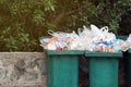 Bin waste, garbage waste plastic trash, full bins waste plastic bags close up, pollution trash plastic waste, garbage trash Royalty Free Stock Photo