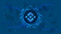 Binance Coin token symbol, BNB coin icon, in a digital circle with a cryptocurrency theme on a blue background.