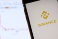 Binance cryptocurrency exchange logo and icon on Phone screen over a laptop display with bitcoin chart. Los Angeles, California Royalty Free Stock Photo