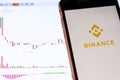 Binance cryptocurrency exchange logo and icon on Phone screen over a laptop display with bitcoin chart. Los Angeles, California Royalty Free Stock Photo