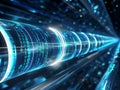Binary Beams Through Time: A Futuristic Digital Tunnel Featuring Blue Light Streaks and Advanced Binary Code Display Royalty Free Stock Photo