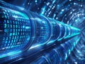 Binary Bridges: A Futuristic Tunnel Displaying Digital Cylinders Glowing with Blue Light , Abstract Cyber Landscape Royalty Free Stock Photo