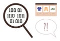 Binary Code Analysis with Magnifying Glass, Ecommerce Website Elements, and Speech Bubble Royalty Free Stock Photo