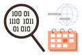 Binary Code Analysis with Magnifying Glass, Network Globe, and Calendar Elements Royalty Free Stock Photo