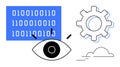 Binary code, eye, and gear representing artificial intelligence and cloud technology connections Royalty Free Stock Photo
