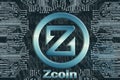 Binary code and circuit board on a dark background. zcoin cryptocurrency symbol. Concept of digital currency, Blockchain,