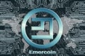Binary code and circuit board with world map net on a dark background. emercoin EMC  cryptocurrency symbol. Concept of digital Royalty Free Stock Photo