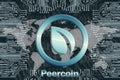 Binary code and circuit board with world map net on a dark background. peercoin PPC cryptocurrency symbol. Concept of digital