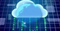 Binary code and cloud computing icons image over globe and grid background Royalty Free Stock Photo