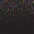 Binary code colored and dark background with fireworks, digits on screen. Algorithm binary, data code, decryption and