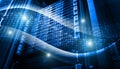Binary code data flow inside server array Royalty Free Stock Photo