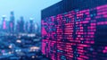 Binary Code Display in a Futuristic Cityscape - A mesmerizing digital art piece showcasing binary code on a screen Royalty Free Stock Photo
