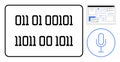 Binary code, webpage interface, and microphone representing technology, coding, and voice recognition Royalty Free Stock Photo