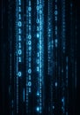 Binary code is displayed vertically, resembling digital rain against a dark background. Royalty Free Stock Photo