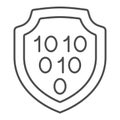 Binary code on emblem thin line icon, hacker attacks concept. Vector graphics. Code exploit protection shield sign on Royalty Free Stock Photo
