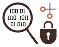 Binary code under magnifying glass with scissors and padlock representing data security and decryption Royalty Free Stock Photo
