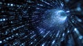 Binary code flowing like wind through a dark sky.