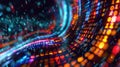Binary code flows into colorful, visual patterns in an abstract representation of big data. Big data visualization