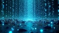 Binary code in the form of glowing rain falling over a dark, futuristic landscape, symbolizing data streaming and the digital Royalty Free Stock Photo