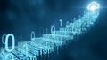Binary code steps ascend toward a glowing cloud server icon symbolizing digital data migration and cloud computing success Royalty Free Stock Photo