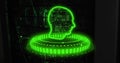 Binary code and human head hologram image over digital interface