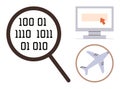 Binary Code with Magnifying Glass, Computer Screen, and Plane Icon for Technology and Data Analysis Royalty Free Stock Photo