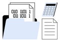 Binary code documents in folder with calculator and plain text paper for digital data and finance concepts Royalty Free Stock Photo
