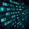 Binary code stream abstract background, sharp binary digits flowing across a digital grid, modern technology and cybersecurity Royalty Free Stock Photo