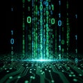 Binary code streams downwards in columns of green and blue ones and zeros, Royalty Free Stock Photo