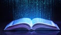 Binary code streams upward from the center of an open book glowing in a dark digital space Royalty Free Stock Photo