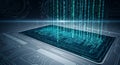 Binary code streams vertically above the screen symbolizing data flow Royalty Free Stock Photo