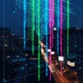 Binary code streams vertically across a night cityscape in a digital Royalty Free Stock Photo