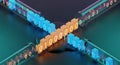 Binary code test tubes with orange cubes stacked in 3D composition on dark blue background representing technology and data Royalty Free Stock Photo