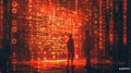 Binary code Two people standing in front of a red binary code wall AIG535 Royalty Free Stock Photo