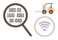Binary Code Under Magnifying Glass with Forklift and Wireless Signal Icons Technology and Logistics Royalty Free Stock Photo