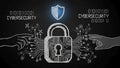 Binary code and the word CYBERSECURITY are on either side, emphasizing the theme Royalty Free Stock Photo