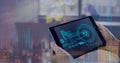 Binary coding data processing against against person using digital tablet Royalty Free Stock Photo