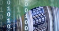 Binary coding data processing over close up of computer server against green technology background Royalty Free Stock Photo