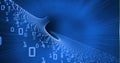Binary coding data processing over a digital tunnel against light trails on blue background Royalty Free Stock Photo