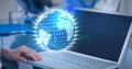 Binary coding data processing over globe against mid section of man using laptop at office Royalty Free Stock Photo
