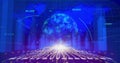 Binary coding and spinning globe against 3d cityscape and world map on blue background Royalty Free Stock Photo