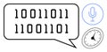 Binary code in speech bubble with microphone and clock, representing communication and technology Royalty Free Stock Photo