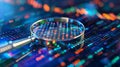binary Magnifying glass looks at binary code on digital screen, representing data analysis. Royalty Free Stock Photo