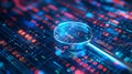binary Magnifying glass looks at binary code on digital screen, representing data analysis. Royalty Free Stock Photo