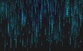 Binary matrix background. Falling digits on dark backdrop. Running random numbers. Abstract data concept. Blue