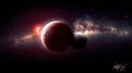 Binary Planet System with Red Planet and Moon near Red Star Royalty Free Stock Photo