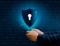 Binary shield Internet phone Smartphone is protected from hacker attacks Firewall Business People press the protected phone on th Royalty Free Stock Photo