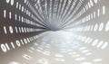 Binary tunnel visualizing data flow, swirling numbers create dynamic perspective, digital abstraction, technology