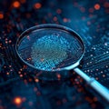 Binary verification Magnifying glass examines biometrics authentication technology